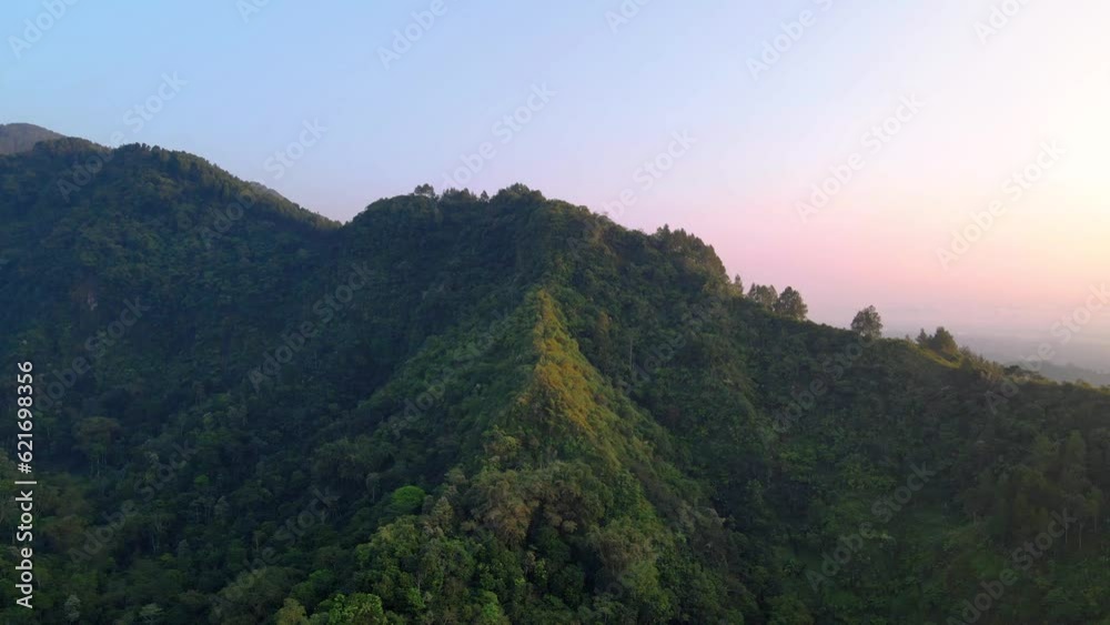 Beautiful natural scenery of forest and hill with sunrise sky. Aerial view of mountain range overgrown with endless forest in misty morning - 4K drone shot Beautiful natural scenery of forest and hill with sunrise sky. Aerial view of mountain range overgrown with endless forest in misty morning - 4K drone shot