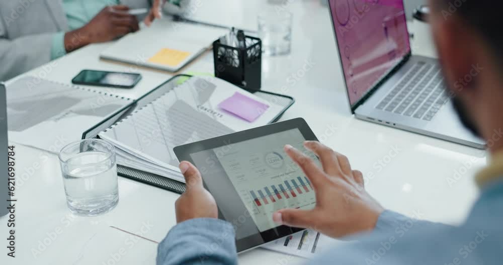 Planning, graph and business people on tablet in office for finance review, analytics and statistics. Meeting, teamwork and men and women in discussion for infographic, chart and data on digital tech