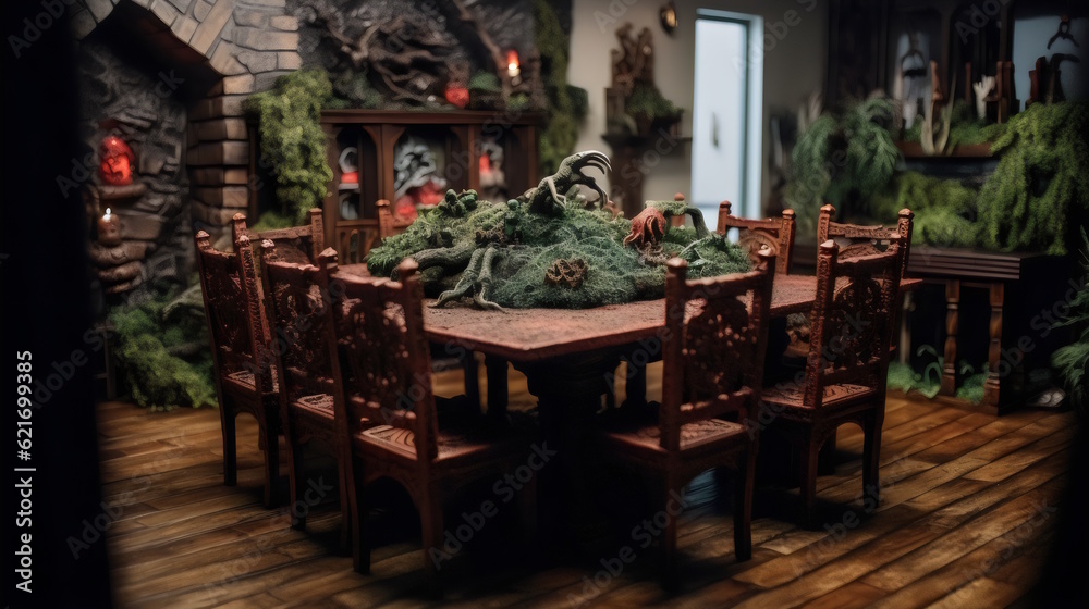 Ultra-Realistic Wilderness with Gloomy Ferns, Vines, and Close-Up Detail - Perfect for Tabletop Gaming - Clean Wooden Table, Chairs, and Low-Light Ambiance. Generative AI