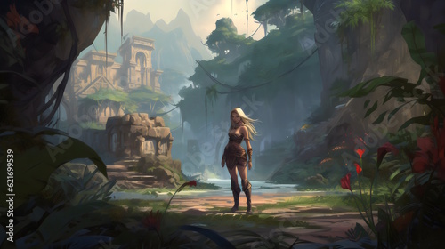 Female Character Concept Art in Enchanting Fantasy Landscape with Vibrant Colors, and Breathtaking Lighting. Generative AI © Akash