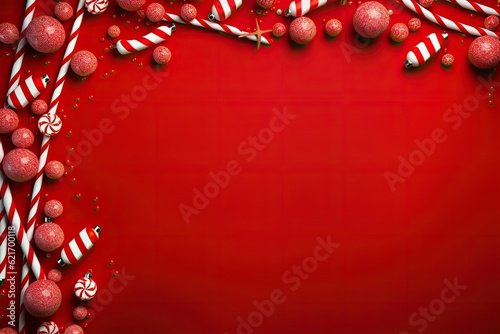 Christmas background with candy canes and baubles on red background © Meow Creations
