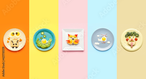 Collage of funny food for kids on color background, top view