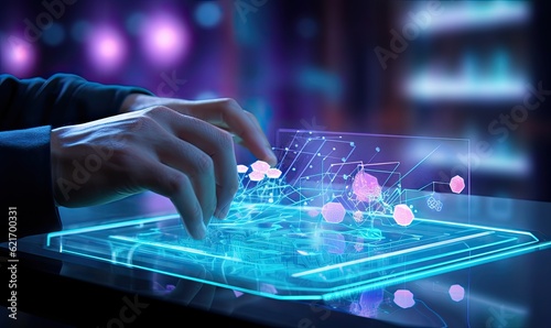 Close up of human hand using tablet pc with glowing business hologram