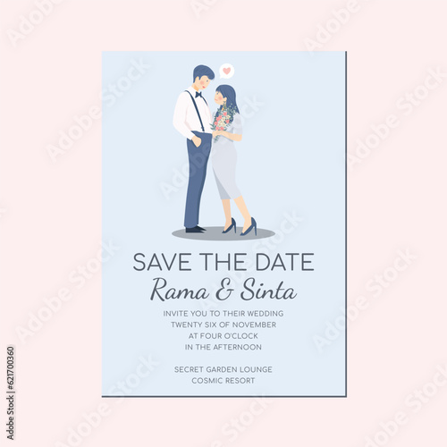 Sweet Romantic Couple Character Illustration Wedding Invitation Save the Date Template in Simple Minimalist Blue color