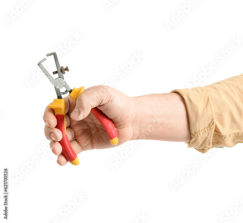 Worker with pliers on white...