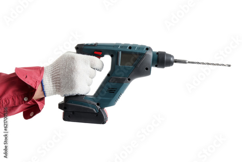 Worker with drill on white ...