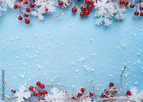 Christmas background with snowflakes and red berries on a blue background