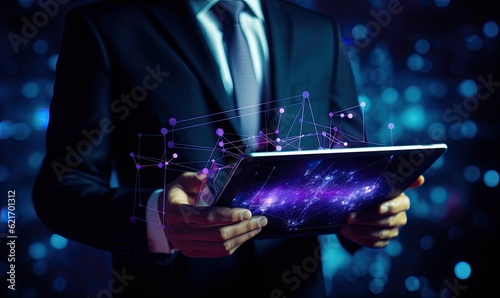 Close up of businessman holding tablet pc with connection concept. Mixed media