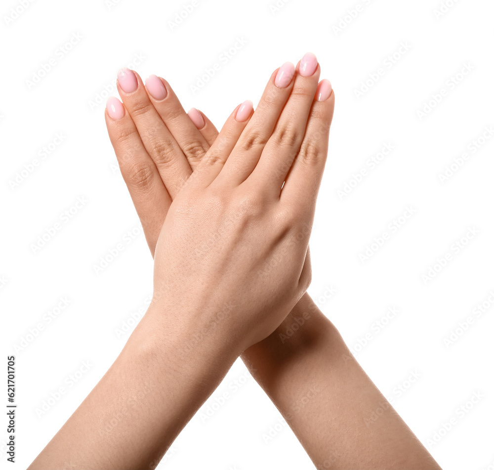 Woman making heart with her hands on white background Woman making heart with her hands on white background