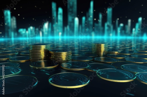 Stacks of gold coins with binary code on a dark blue background. 3d rendering