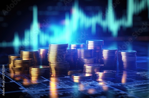 Investment concept, Coins graph stock market financial on LED background.
