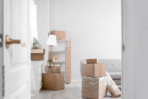 Cardboard boxes in living room on moving day, view from open door © Pixel-Shot