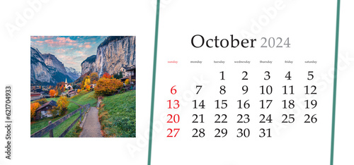 Set of horizontal flip calendars with amazing landscapes in minimal style. October 2024. Great autumn sunrise of waterfall in Lauterbrunnen village. Beautiful morning scene in Swiss Alps.