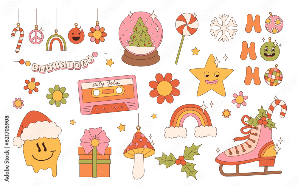 Groovy hippie Christmas stickers. Santa Claus, Christmas tree, gifts, rainbow, peace, holly jolly vibes, ho ho ho, winter, gingerbread in trendy retro cartoon style. Cartoon characters and elements.