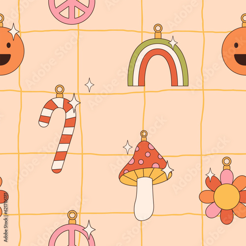 Groovy Christmas vibe seamless pattern of Xmas tree balls and toys in trendy retro 60s hippie linear cartoon style. Peace, love, flower decor. Merry Christmas and Happy New year decor elements.