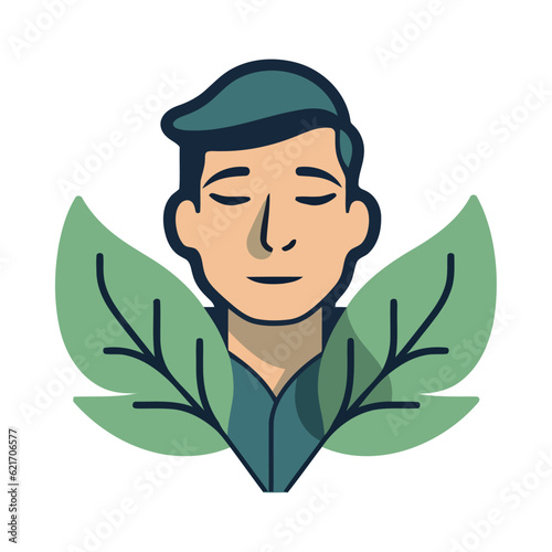 Smiling cartoon man in nature, surrounded by leaves