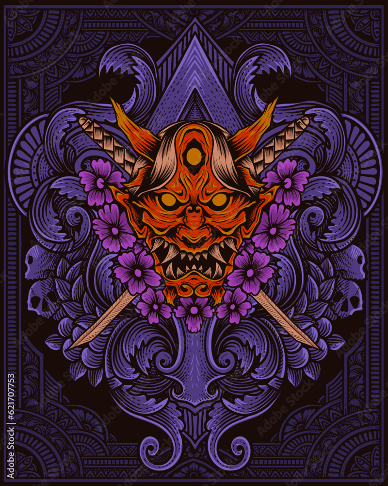 Fototapeta premium Oni mask with two sword and flower