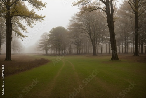 A misty morning in a spring forest