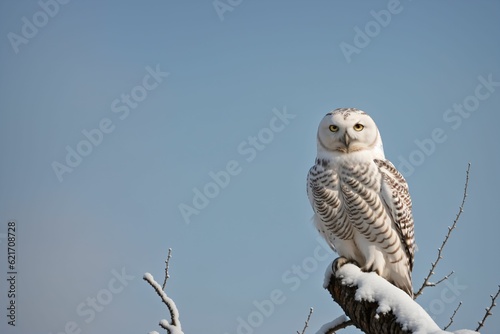 A snowy owl perched on a bare tree © Pixloom