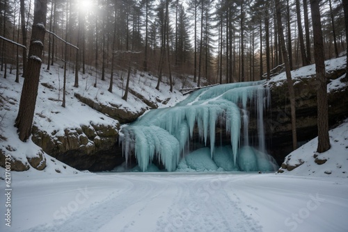 Detail of a frozen waterfall in a winter forest photo