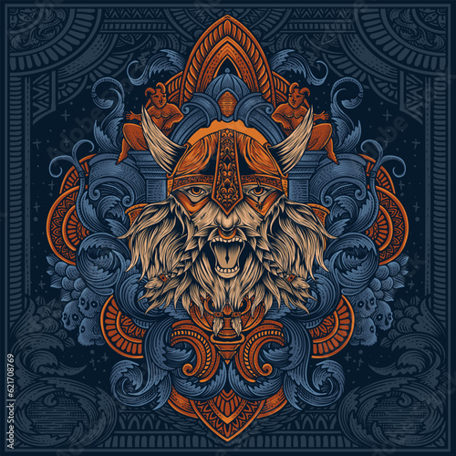 Viking head with antique engraving ornament