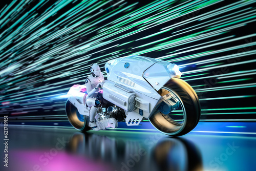 Racing technology with robot riding on motorbike with speed