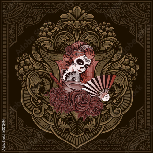 Wallpaper Mural Geisha lady with sugar skull make up vintage engraving ornament Torontodigital.ca