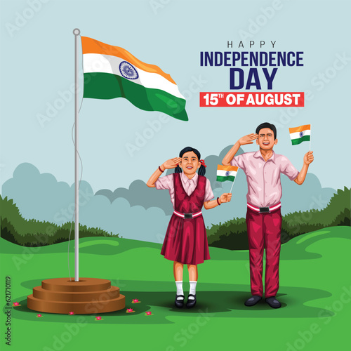happy independence day India. Indian student saluting flag of India. abstract vector illustration design flyer