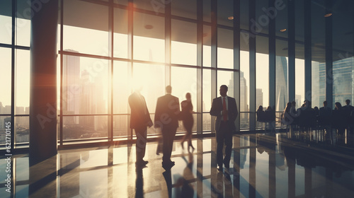 Long exposure silhouette photo modern office interior with busy business people working together. Generative AI.