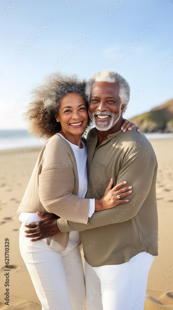 Obraz premium Smiling senior couple embracing on a sunny beach, AI generated
