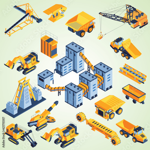 mine industry isometric set vector construction icons set bulldozer machinery truckload crane excavator mixer