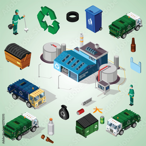 recycling center isometric illustration isometric recycling set with color coded waste bins separating rubbish green dump trucks people vector illustration