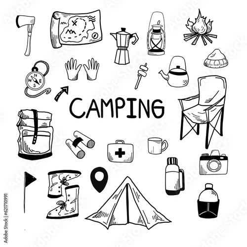 set of camping icons. camping illustration. set of camping doodle.