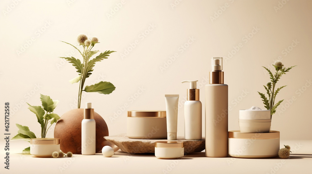 An eco-friendly boho cosmetics line that embodies nature's essence. features organic facial skincare, tube, body butter bottles, and jars and skin care cosmetic items,  - obrazy, fototapety, plakaty 