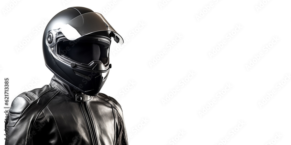 Portrait of a motorcyclist in a matching suit and helmet, close-up and against an isolated white background. Generative AI Portrait of a motorcyclist in a matching suit and helmet, close-up and against an isolated white background. Generative AI