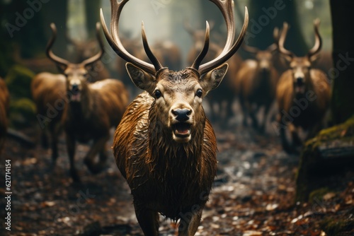 Shot of a large herd of deer running. Generative AI © kardaska