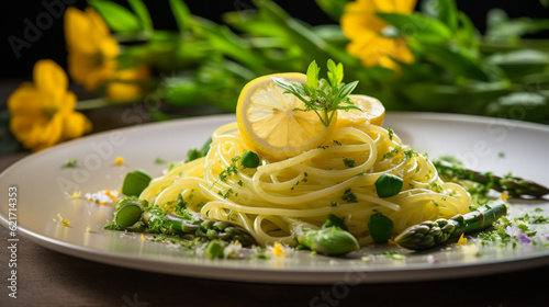 Generative AI image of Spaghetti al Limone adorned with vibrant asparagus. This zesty pasta dish combines tangy lemon-infused sauce with tender asparagus, creating a delightful fusion of flavors photo