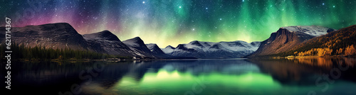 panorama with northern lights in night starry sky with stars over lake and mountains. Generative AI illustration