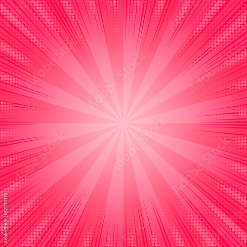 Pink comic background with sunburst and rays. Vector cartoon pattern. Abstract retro anime frame. Radial manga backdrop with halftone effect.