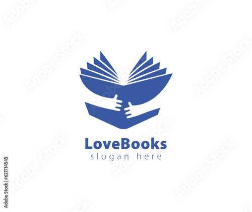 Love Book and hands logo combination. Novel and embrace symbol or icon