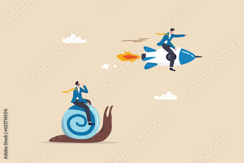 Boost fast speed to win business competition, high performance employee, competitive advantage winner, innovation or skill to success concept, businessman winner riding rocket, another on slow snail. photo