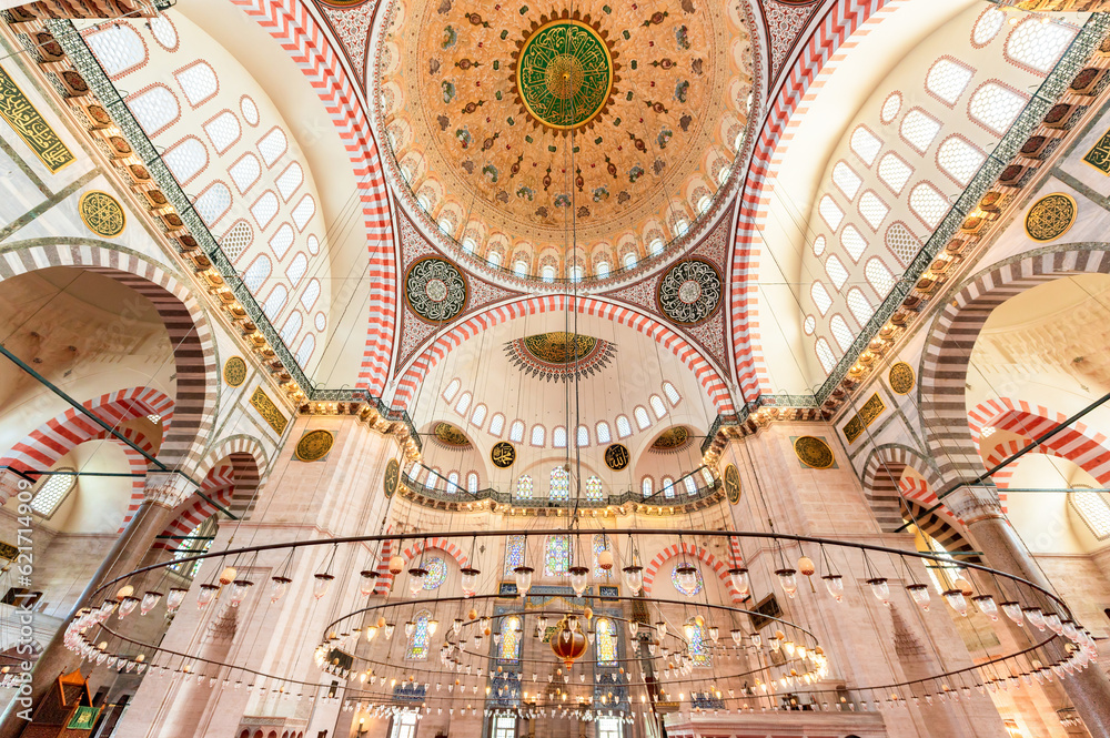 Interior view of the Suleymaniye mosque in Istanbul, Turkey.