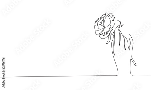 Rose in hand, flowers concept, silhouette vector. One line continuous vector line art outline illustration. Isolated on white background.