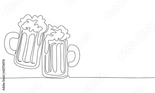 Two beers, cheers concept. October Fest banner, silhouette vector. One line continuous vector line art outline illustration. Isolated on white background.