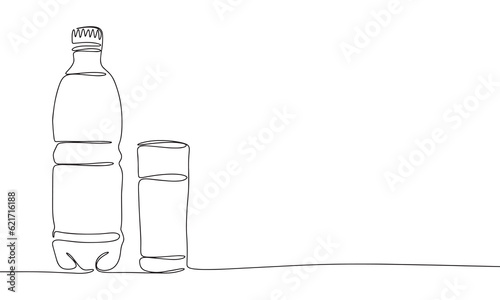 Bottle and glass with liquid, water, milk silhouette vector. One line continuous vector line art outline illustration. Isolated on white background.