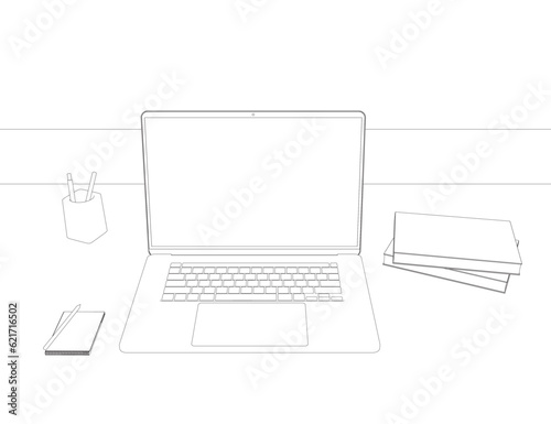 Outline of Contemporary workspace flat vector illustrations set. Contour Office desk or table with office chair and computer. Business interior design elements. Vector illustration..