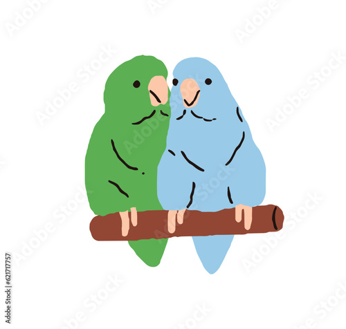 Two Forpus parrots. Cute tropical birds couple. Funny exotic parrotlets sitti...