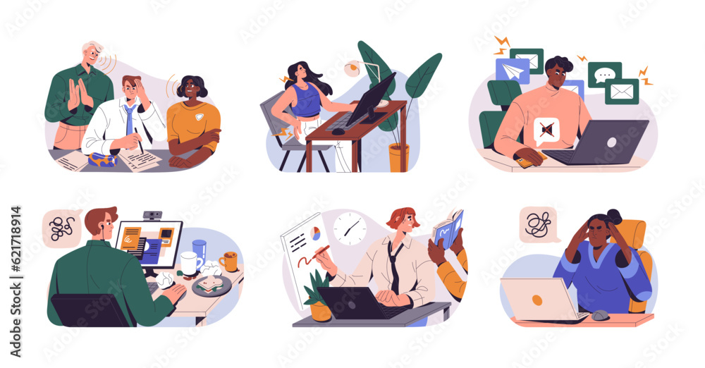 Attentive employees stay focused, concentrated at work. Notifications disturbing from businesses. Concentration and distraction concept. Flat graphic vector illustrations isolated on white background Attentive employees stay focused, concentrated at work. Notifications disturbing from businesses. Concentration and distraction concept. Flat graphic vector illustrations isolated on white background