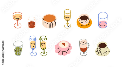 Cups, glasses, wineglasses set with drinks. Espresso and latte coffee, tea, c...