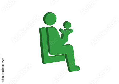 右向きで赤ちゃんを抱っこして椅子に座るお母さんの緑色の優先席マークの3Dイラスト